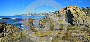 View of Treasure Island and coastline in Laguna Beach, California.