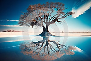 view of tree of life reflected in water generative AI