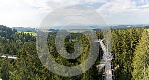 View of the tree top path and trail in the hills of southern Bavaria in Scheidegg