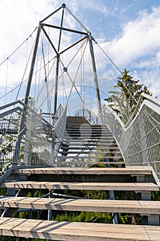 View of the tree top path and trail in the hills of southern Bavaria in Scheidegg