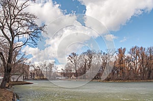 A view of trees around the lake in the Gorky Park of Moscow