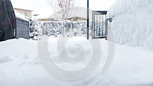 View of the trees, bushes, gazibo on backyard in heavy snowfall with blizzard