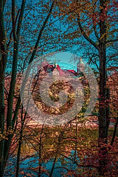 View through trees on the castle Czocha