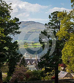 View of the manor house at Bodnant Gardens in North Wales