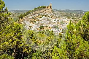 A view through the trees of the hilltop church above the town of Montefrio, Spain photo