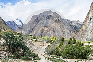 Trekkers on the trail to Hushe valley, Gondogoro La trek, Karakokram, Pakistan