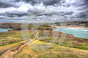 View from Trevelgue Head towards Porth beach Newquay Cornwall in HDR