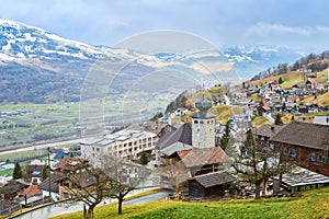 View of Triesenberg in the rain in late autumn, Liechtenstein. Triesenberg is a municipality in Liechtenstein