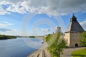 View of Trinity Cathedral, fortress tower with Olginsky bridge o