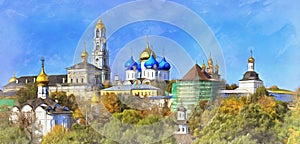 View on Trinity Lavra of St. Sergius colorful painting looks like picture, Russia.