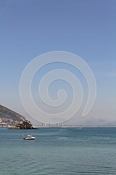 View of Troia Peninsula in coastal landscape of Arrabida in Portugal