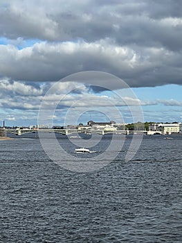 View of the Troitsky bridge on the Neva river in St. Petersburg