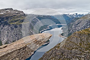 View of the Trolltunga rock without people. The famous place in the Norwegian mountains