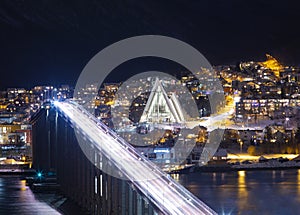 View On Tromso Bridge And Arctic cathedral At Polar Night, Tromso, Norway