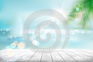 View of a tropical beach with a sailboat. Vector Illustration.