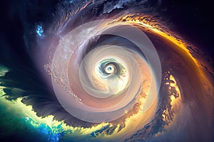 view of tropical cyclone from outer space, with planets and stars in the background