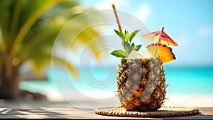 A tropical drink served in a hollowed-out pineapple with a small umbrella garnish photo