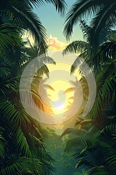 A view of a tropical jungle with the sun setting in it, AI