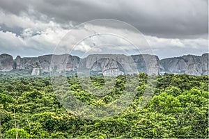 View of a tropical landscape, with forest and mountains Pungo Andongo, Pedras Negras , black stones, huge geologic rock elements