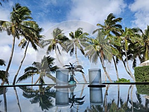 A view on a tropical ocean lagoon with coconut palms and two full glasses of cold drink