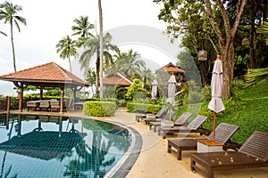 View of tropical palm trees from the pool resort