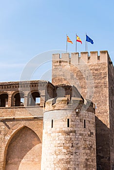 View of the Troubadour tower in the castle of Aljaferia, built in the 11th century in Zaragoza, Spain. Vertical. Copy space for te