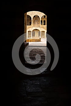 View trough entrance tunnel at Emir Bachir Chahabi Palace Beit ed-Dine in mount Lebanon Middle east, Lebanon