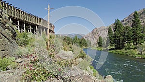 View of truckee river and wooden flume near Farad California in summer