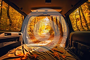 view from the trunk of a camping car to nature. trees and forest. Generative AI