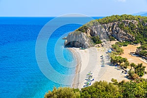 A view of Tsambou beach with azure sea water, Samos island, Greece