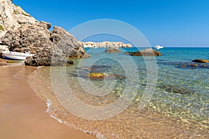 View on Tsampika Beach on Rhodes island in Greece