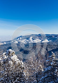 View from Tserkovka mountain on the Altai Mountains in winter.