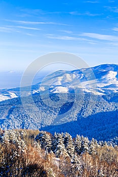 View from Tserkovka mountain on the Altai Mountains in winter