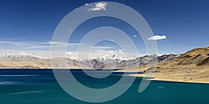 View of Tso Moriri Lake in the Karakorum Mountains near Leh India. This lake is a frequent destination for tourists.