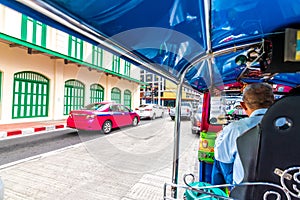 View from the tuk tuk cabine in Bangkok, Thailand. TukTuk is famous transportation, similar as taxi, used by tourist. View of the