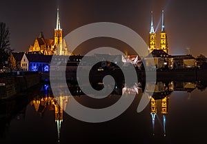 View of Tumski island in Wroclaw in the night, Poland