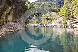 View of turquoise lake in canyon Goynuk