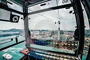 View for Turquoise Sea with Ship and Island from Cable Car to Sentosa, Singapore