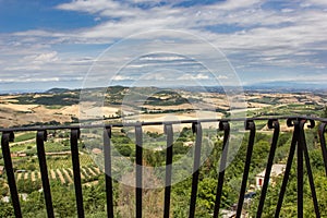 View of the Tuscan countryside from a balcony in Montepulciano