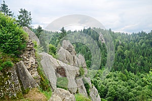 View on Tustan fortress - archeological and natural monument of national significance in Urych, Lviv, Ukraine