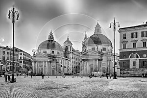 View of the twin churches, Piazza del Popolo, Rome, Italy