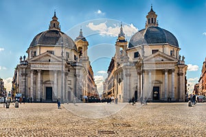View of the twin churches, Piazza del Popolo, Rome, Italy