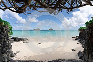 View of the twin islands of Na Mokulua from Lanikai Beach in Kailua, Hawaii, USA