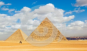 View of two the biggest Egyptian pyramids. The Great Pyramid of Giza - pyramid of Khufu and Pyramid of Khafre