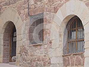 View of two medieval arches in the village of Prades, Tarragona, Spain, Europe