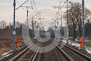 A view of the two-track, electrified railway track.