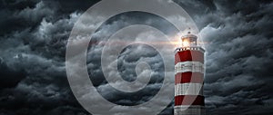 View on typhoon, hurricane, tornado, lighthouse and rain sky. Panoramic view of the stormy sky, lighthouse and dark clouds.