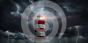 View on typhoon, hurricane, tornado, lighthouse and rain sky. Panoramic view of the stormy sky, lighthouse and dark clouds.