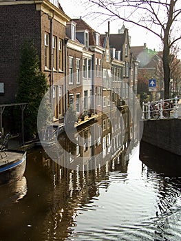 View on typical channel in Delft in Netherlands.
