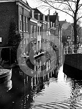 View on typical channel in Delft in Netherlands.